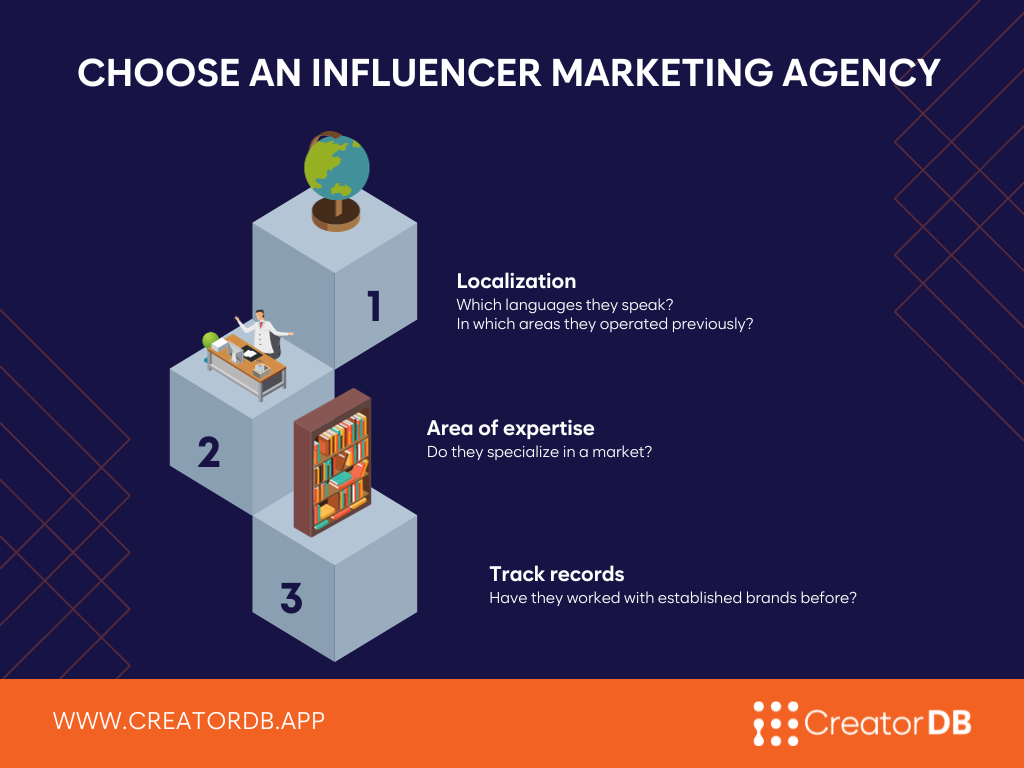 Infographic showing the points 1 to 3 of how to choose an influencer marketing agency.